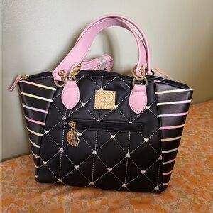 Betsey Johnson Black and Pink Quilted Satchel with Gold Accents